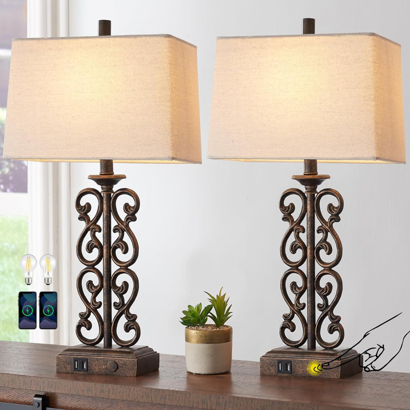 Set Of 2 Farmhouse Touch Table Lamps For Living Room 3 Way Dimmable With Dual USB Ports Vintage Rustic Bedside Desk Lamp For Bedroom End Table 2